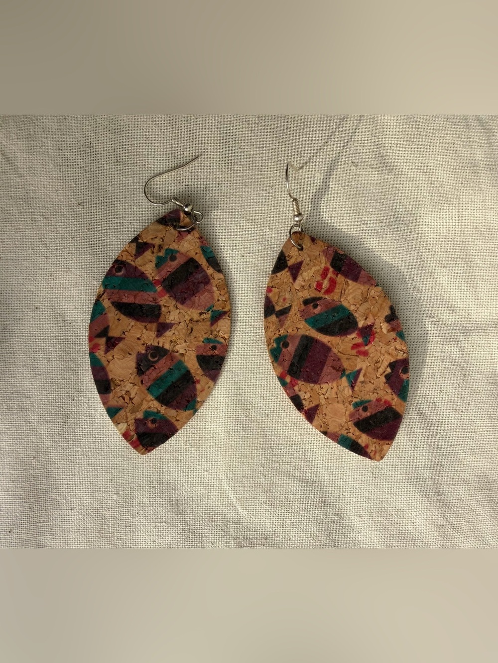 Colorful Fish Print Cork Drop Earrings Lightweight Boho Beach Coastal Handmade